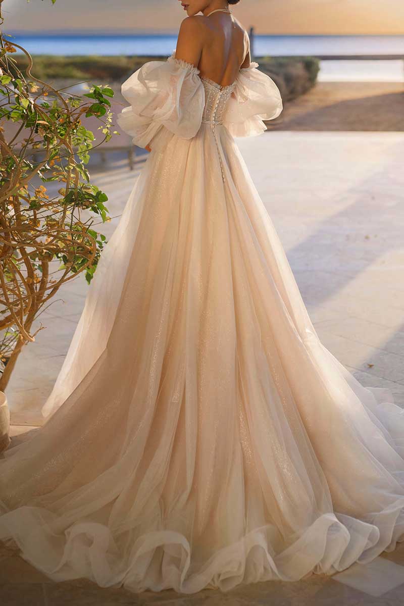 K1302 - V-Neck Strapless Beaded Ruched Tulle A-Line Long Wedding Gown