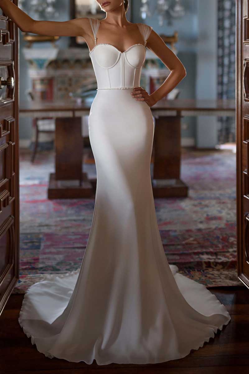 K1303 - Sweetheart Sleeveless Beaded Satin Mermaid Long Wedding Gown