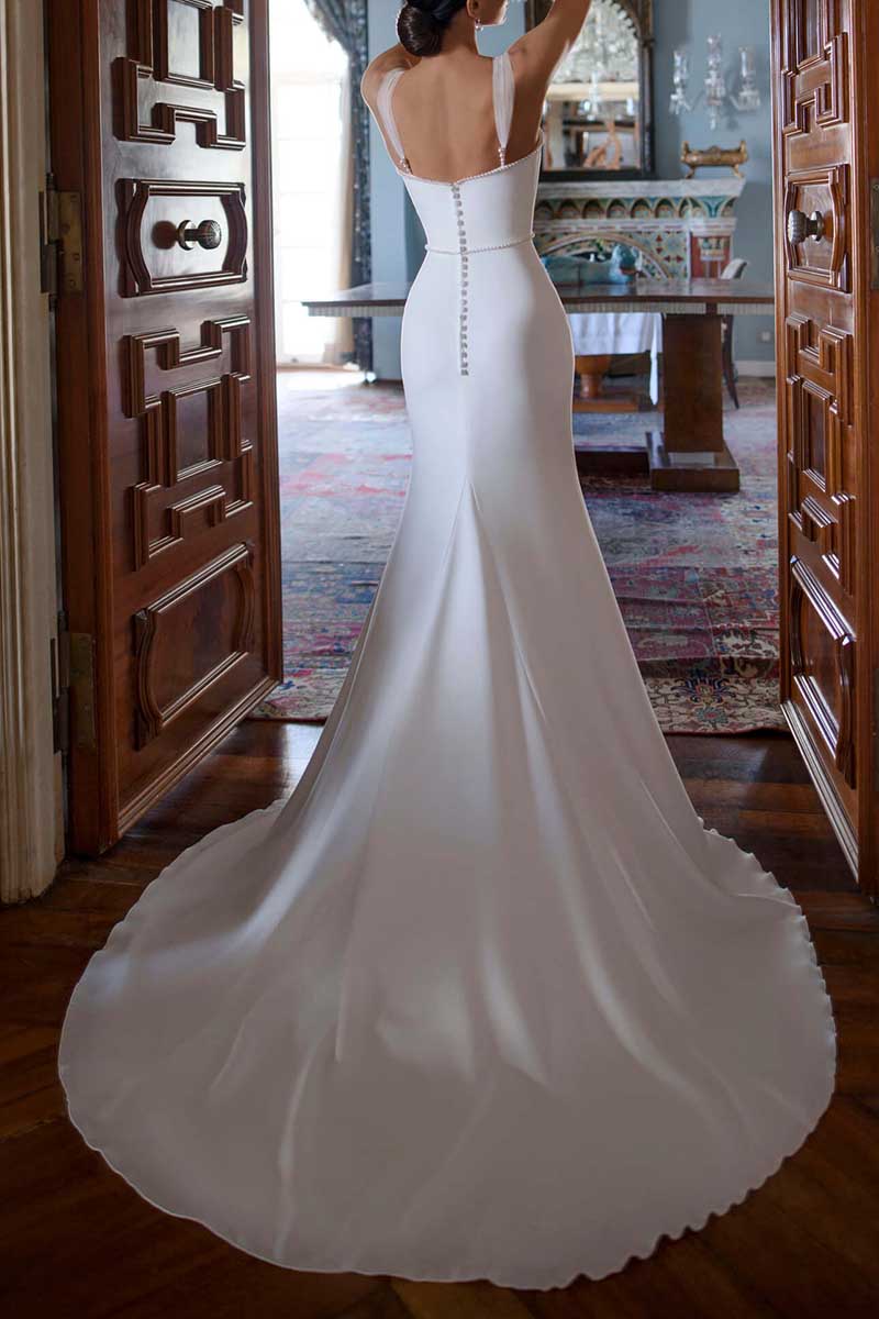 K1303 - Sweetheart Sleeveless Beaded Satin Mermaid Long Wedding Gown