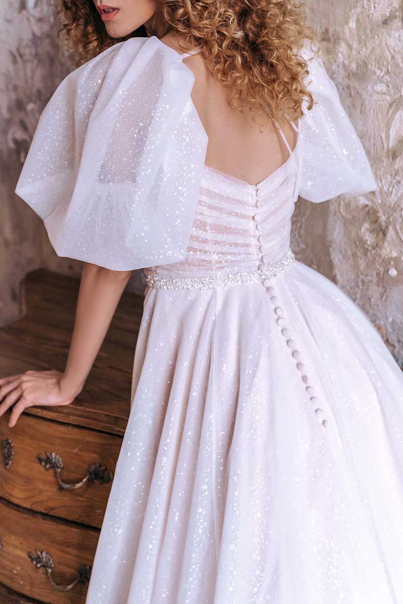 K1304 - Square Neck Short Sleeves Ruched Sparkly A-Line Long Wedding Gown