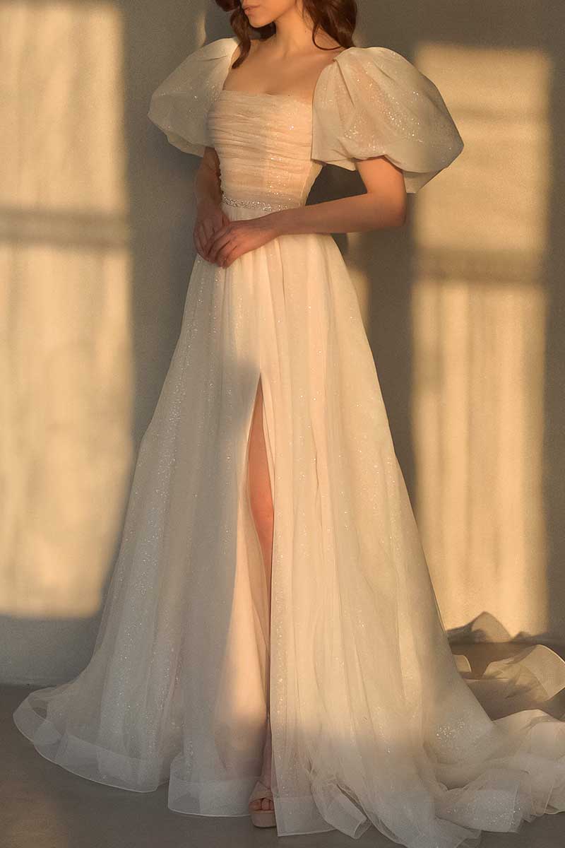 K1304 - Square Neck Short Sleeves Ruched Sparkly A-Line Long Wedding Gown