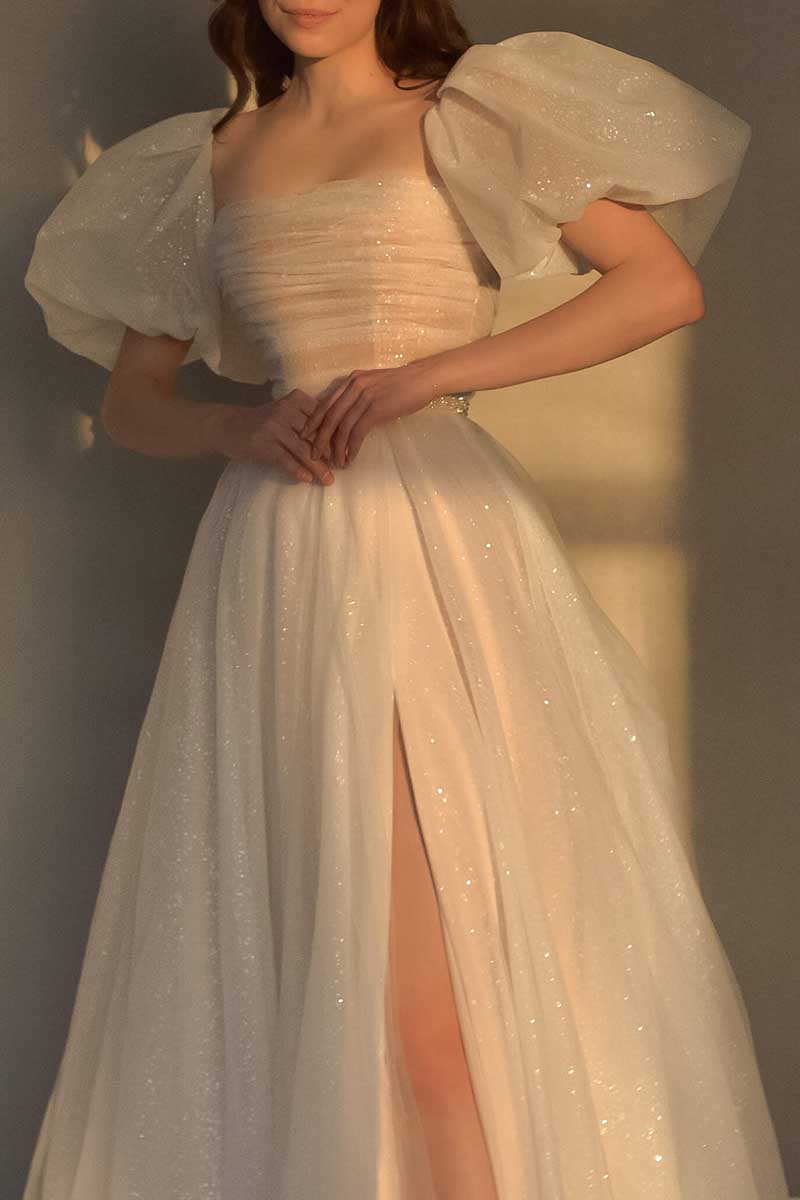 K1304 - Square Neck Short Sleeves Ruched Sparkly A-Line Long Wedding Gown