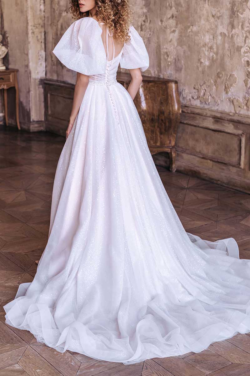 K1304 - Square Neck Short Sleeves Ruched Sparkly A-Line Long Wedding Gown