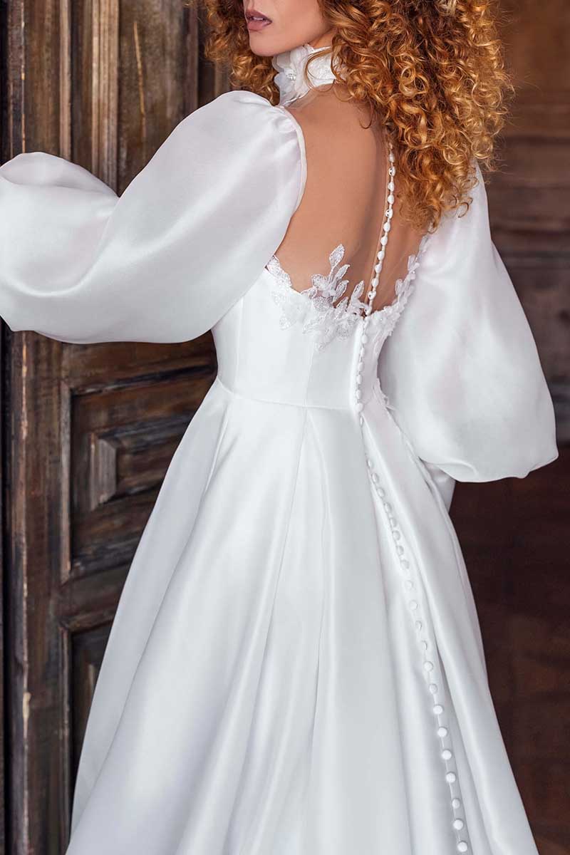 K1305 - High Neck Long Sleeves Lace Appliqued Satin A-Line Long Wedding Gown