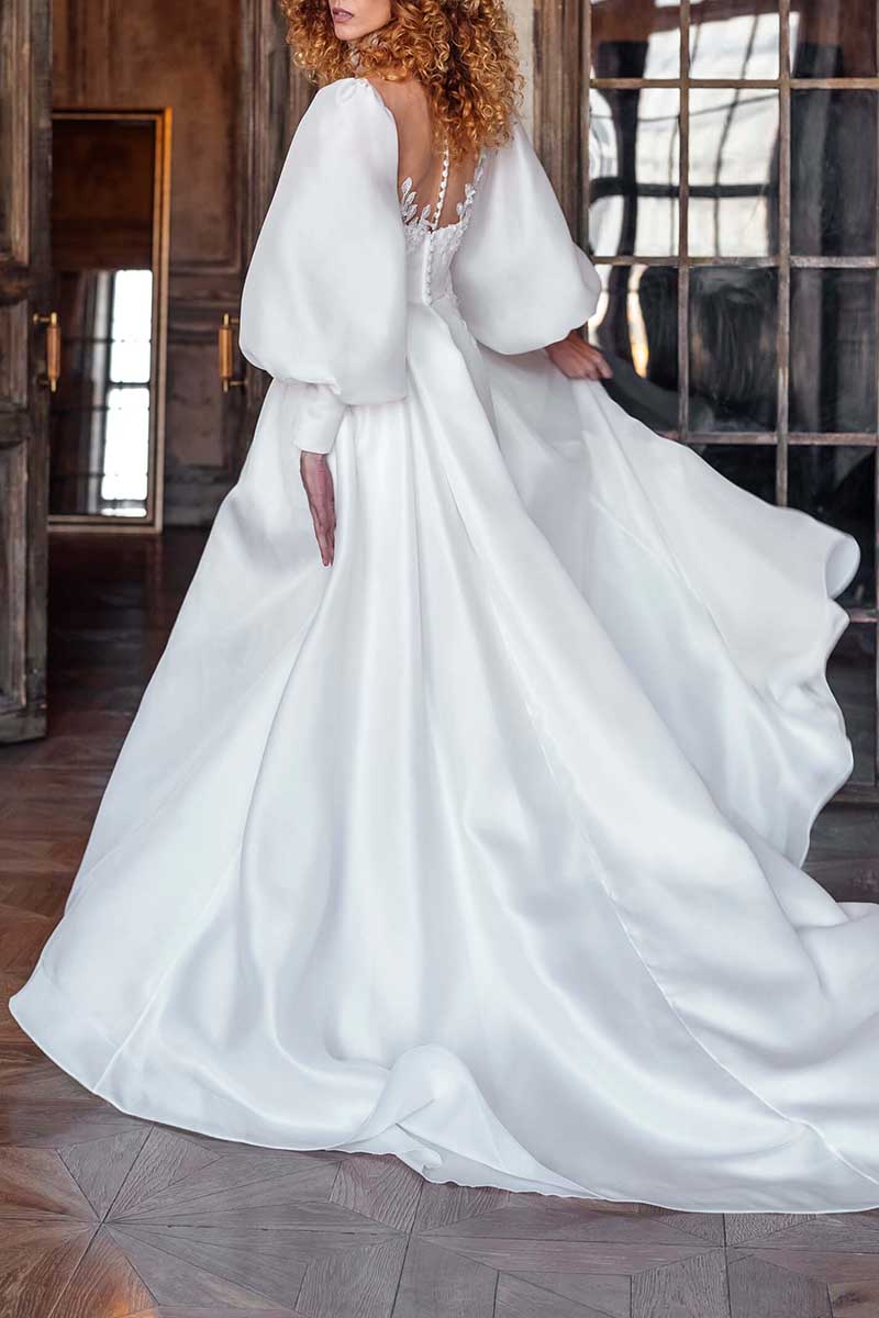 K1305 - High Neck Long Sleeves Lace Appliqued Satin A-Line Long Wedding Gown