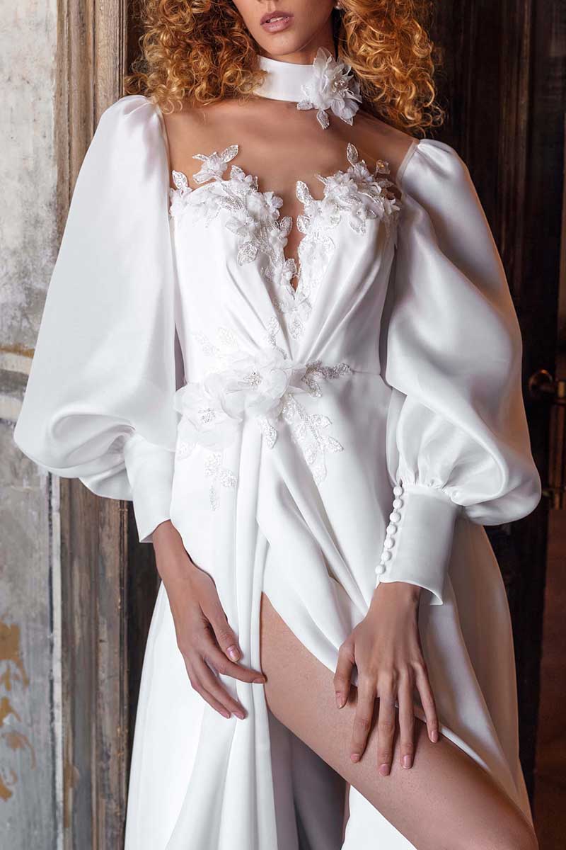 K1305 - High Neck Long Sleeves Lace Appliqued Satin A-Line Long Wedding Gown