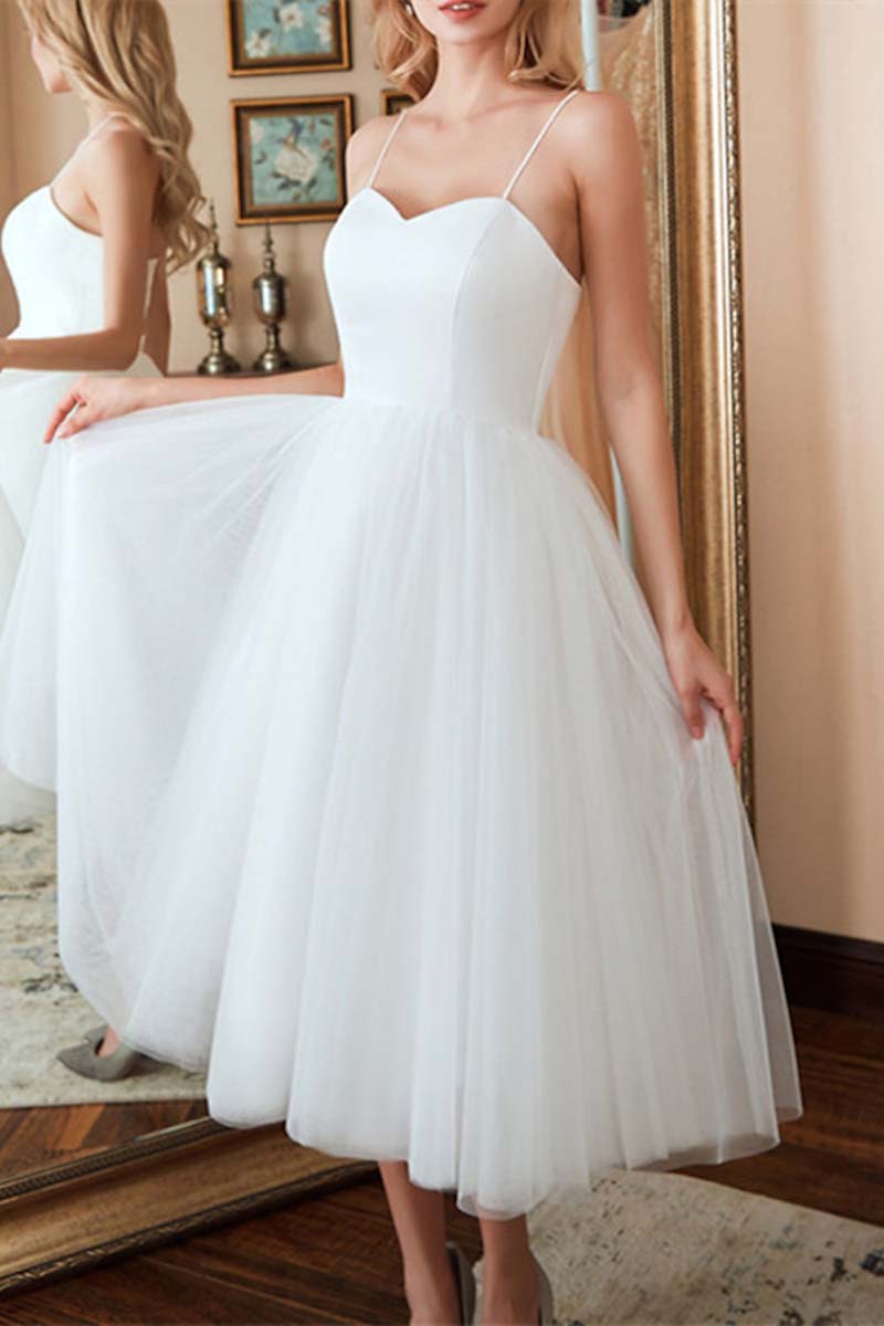 K1327 - Sweetheart Spaghetti Straps Satin Tulle A-Line Midi Wedding Dress