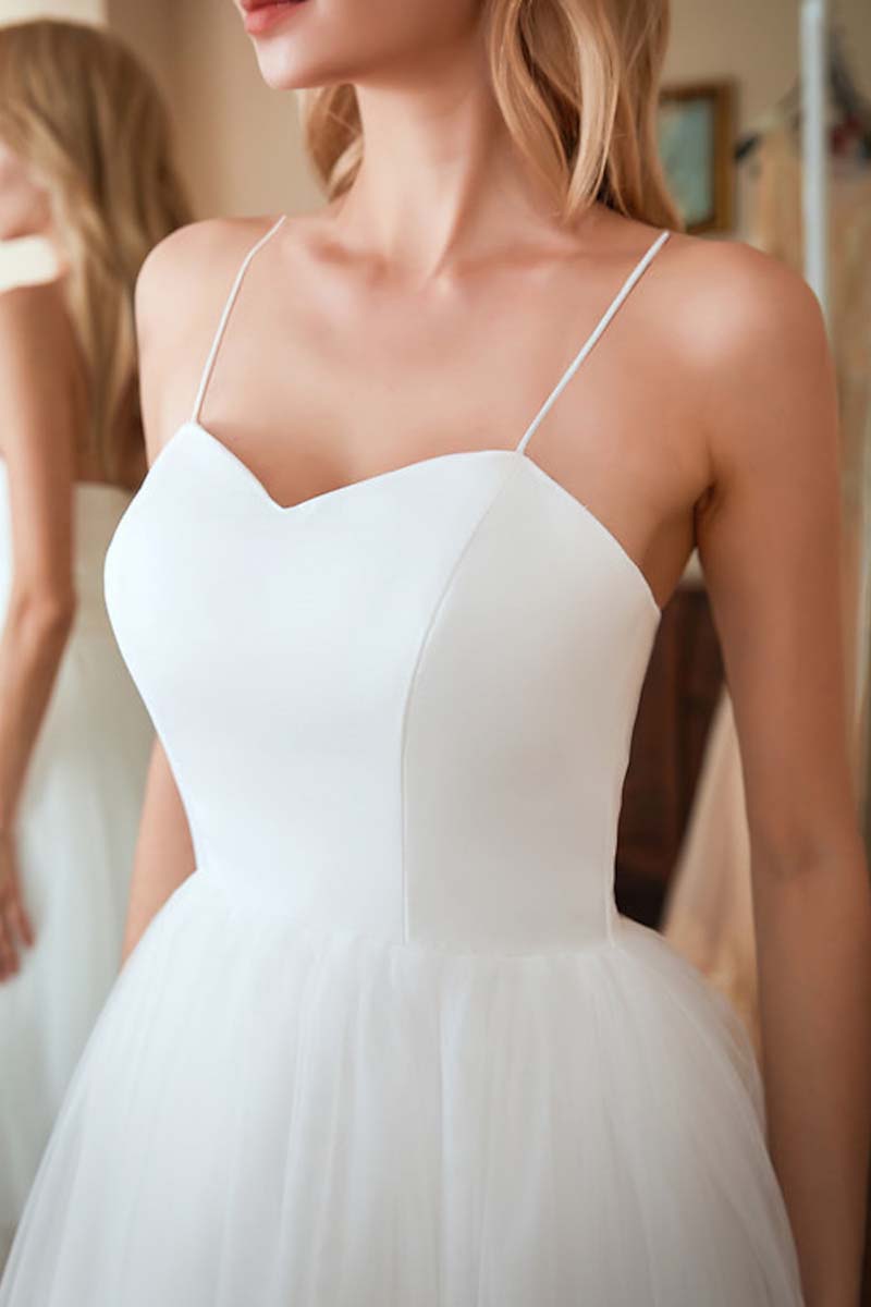 K1327 - Sweetheart Spaghetti Straps Satin Tulle A-Line Midi Wedding Dress