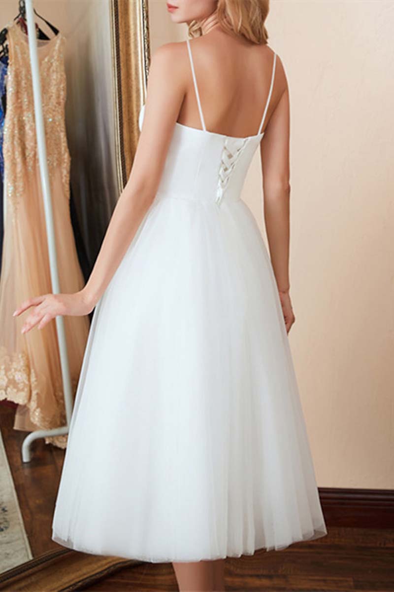 K1327 - Sweetheart Spaghetti Straps Satin Tulle A-Line Midi Wedding Dress