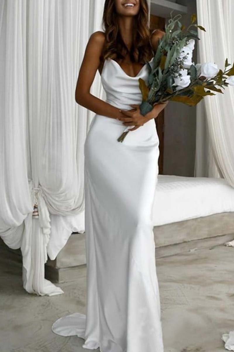 K1328 - Scoop Spaghetti Straps Ruched Satin Sheath Long Wedding Dress