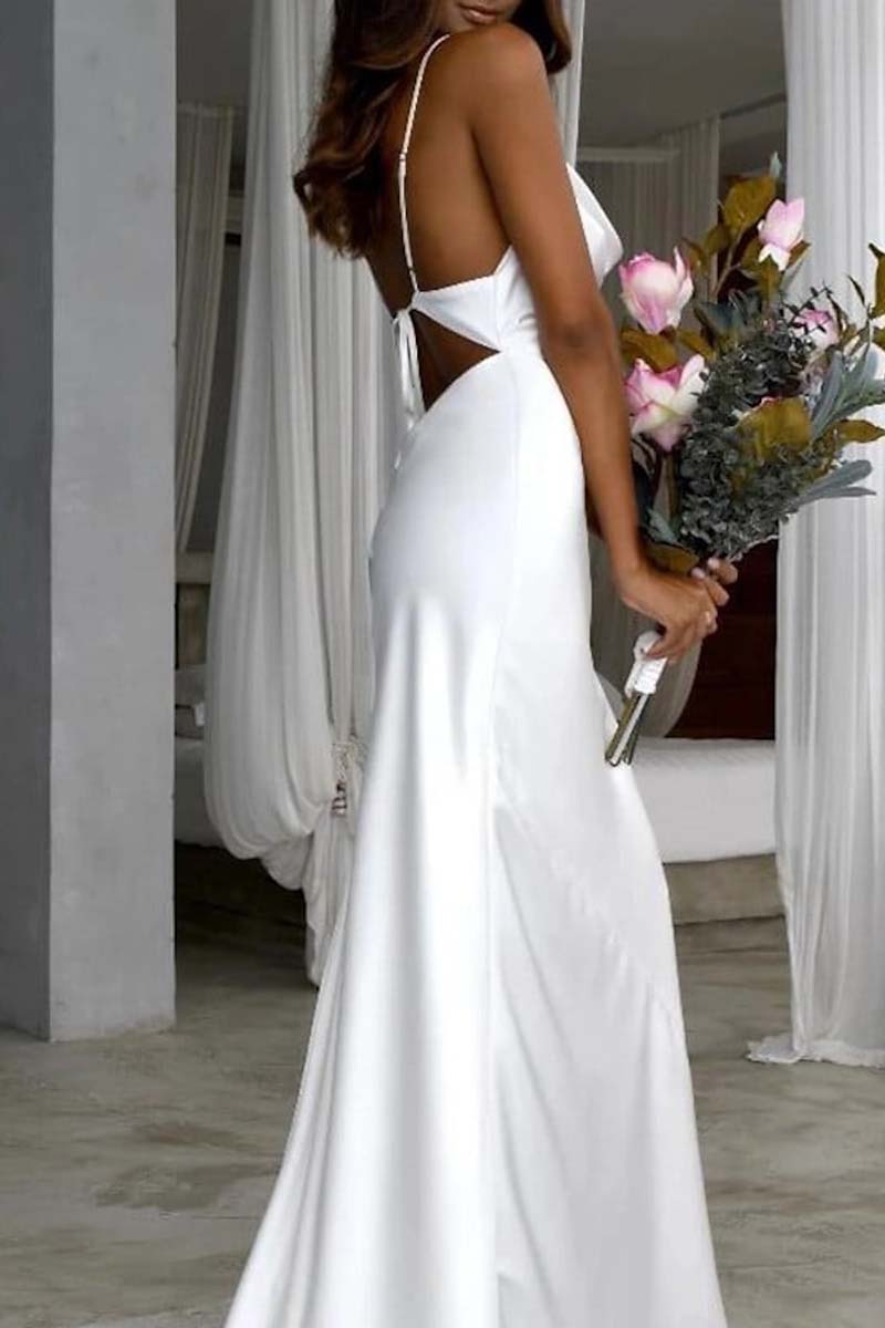 K1328 - Scoop Spaghetti Straps Ruched Satin Sheath Long Wedding Dress