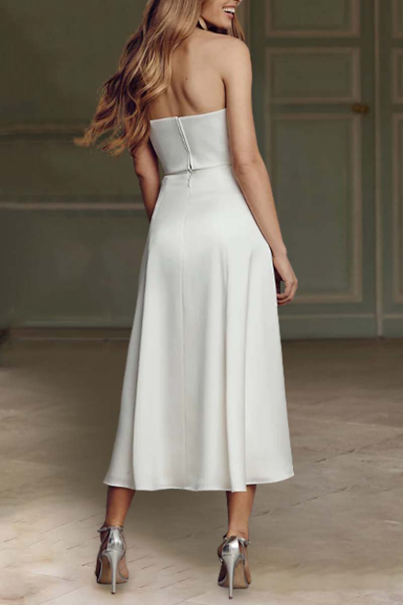 K1329 - Simple Summer Strapless Sleeveless Satin A-Line Midi Wedding Dress