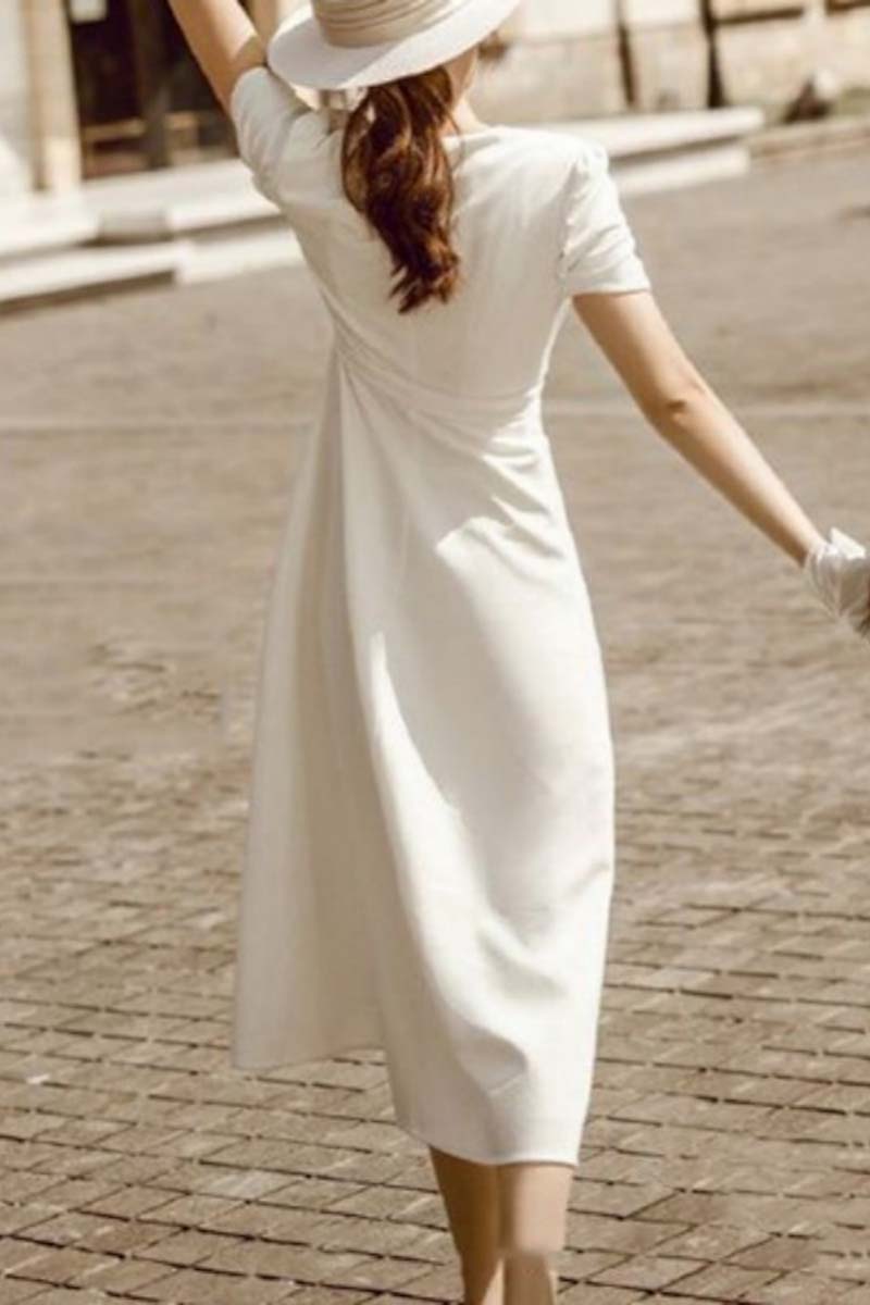 K1330 - Simple Summer V-Neck Short Sleeves Satin A-Line Midi Wedding Dress