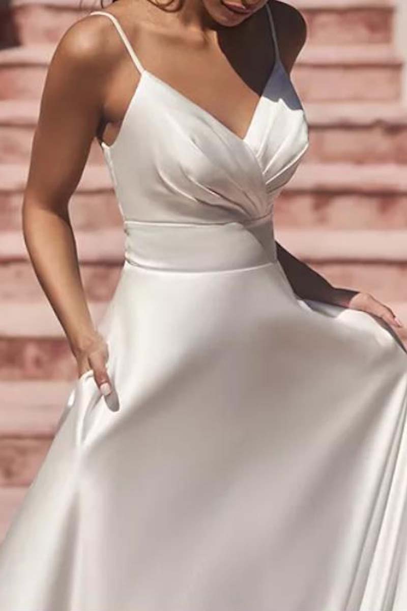 K1331 - V-Neck Spaghetti Straps Ruched Satin A-Line Long Wedding Dress