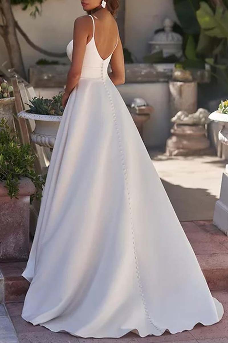 K1331 - V-Neck Spaghetti Straps Ruched Satin A-Line Long Wedding Dress