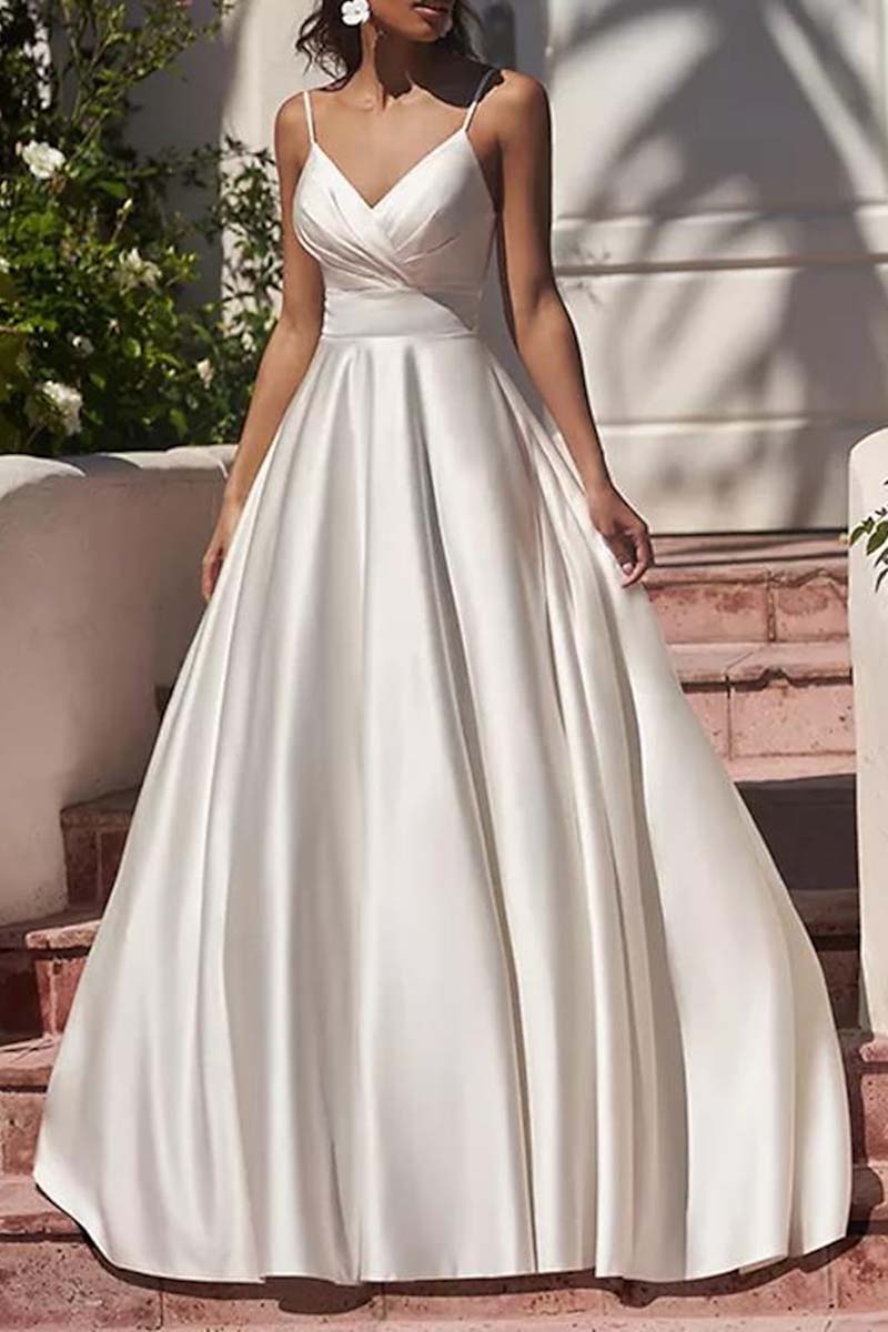 K1331 - V-Neck Spaghetti Straps Ruched Satin A-Line Long Wedding Dress