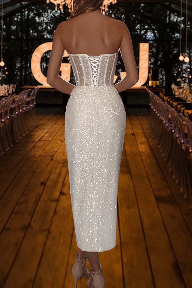 K1332 - Simple Summer Sweetheart Strapless Sequined Sheath Midi Wedding Dress