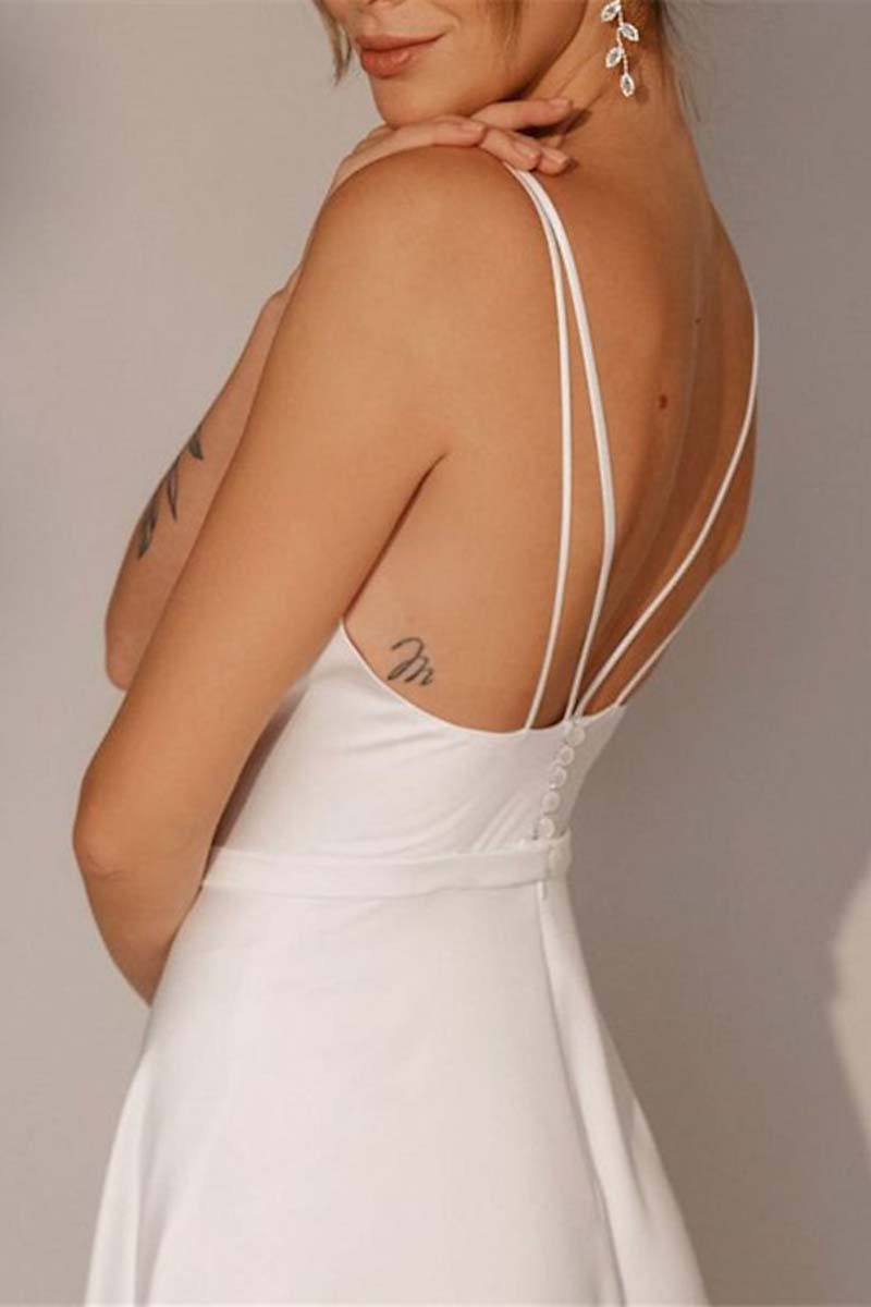 K1333 - V-Neck Spaghetti Straps Ruched Satin A-Line Midi Wedding Dress