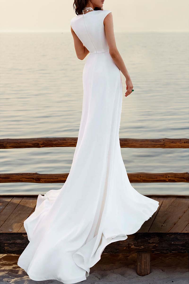 K1335 - V-Neck Sleeveless Ruched Satin Sheath Long Wedding Dress With Slit