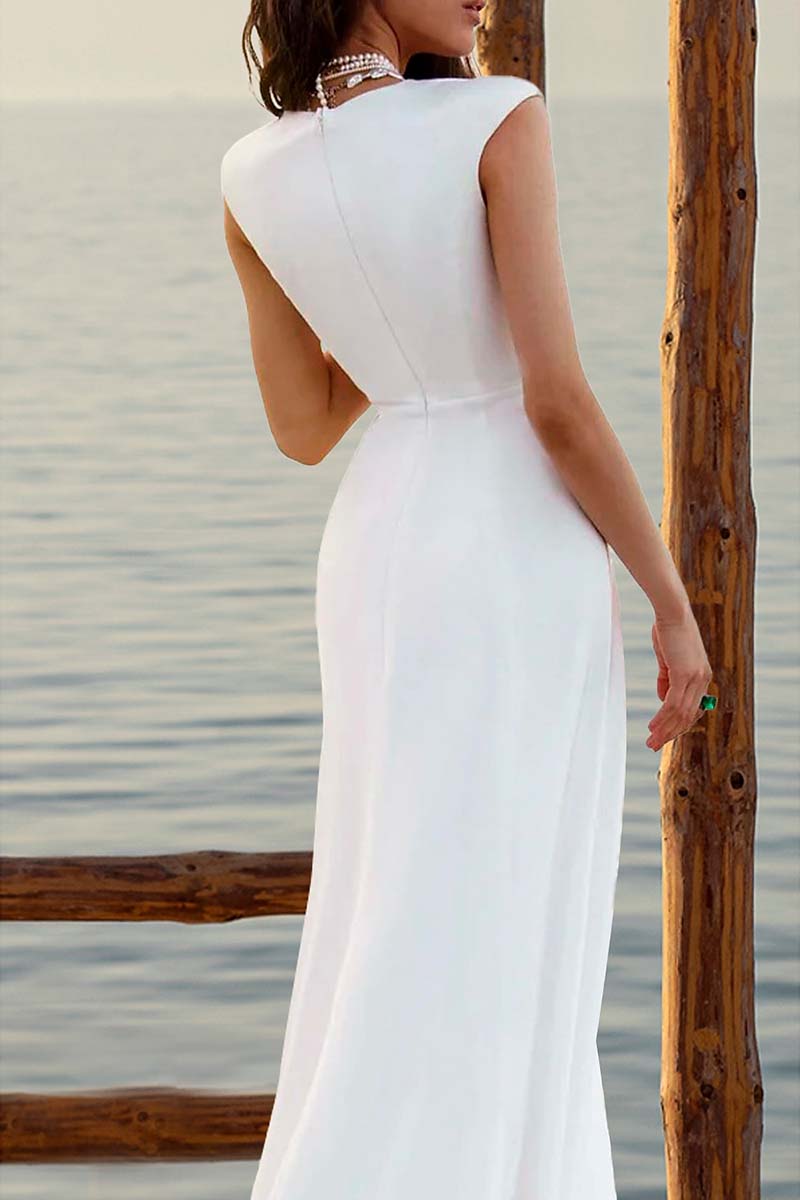 K1335 - V-Neck Sleeveless Ruched Satin Sheath Long Wedding Dress With Slit