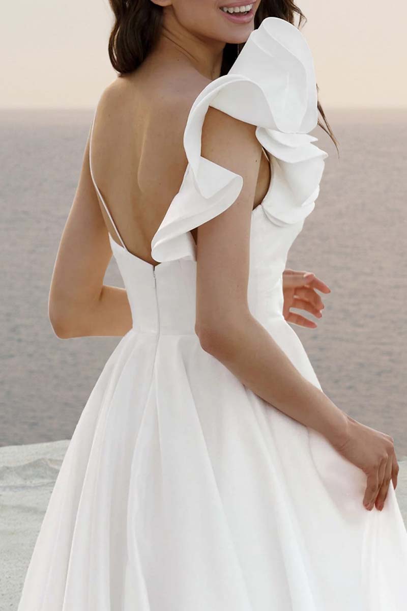 K1336 - V-Neck Ruffles Cut Outs Ruched Satin A-Line Long Wedding Dress