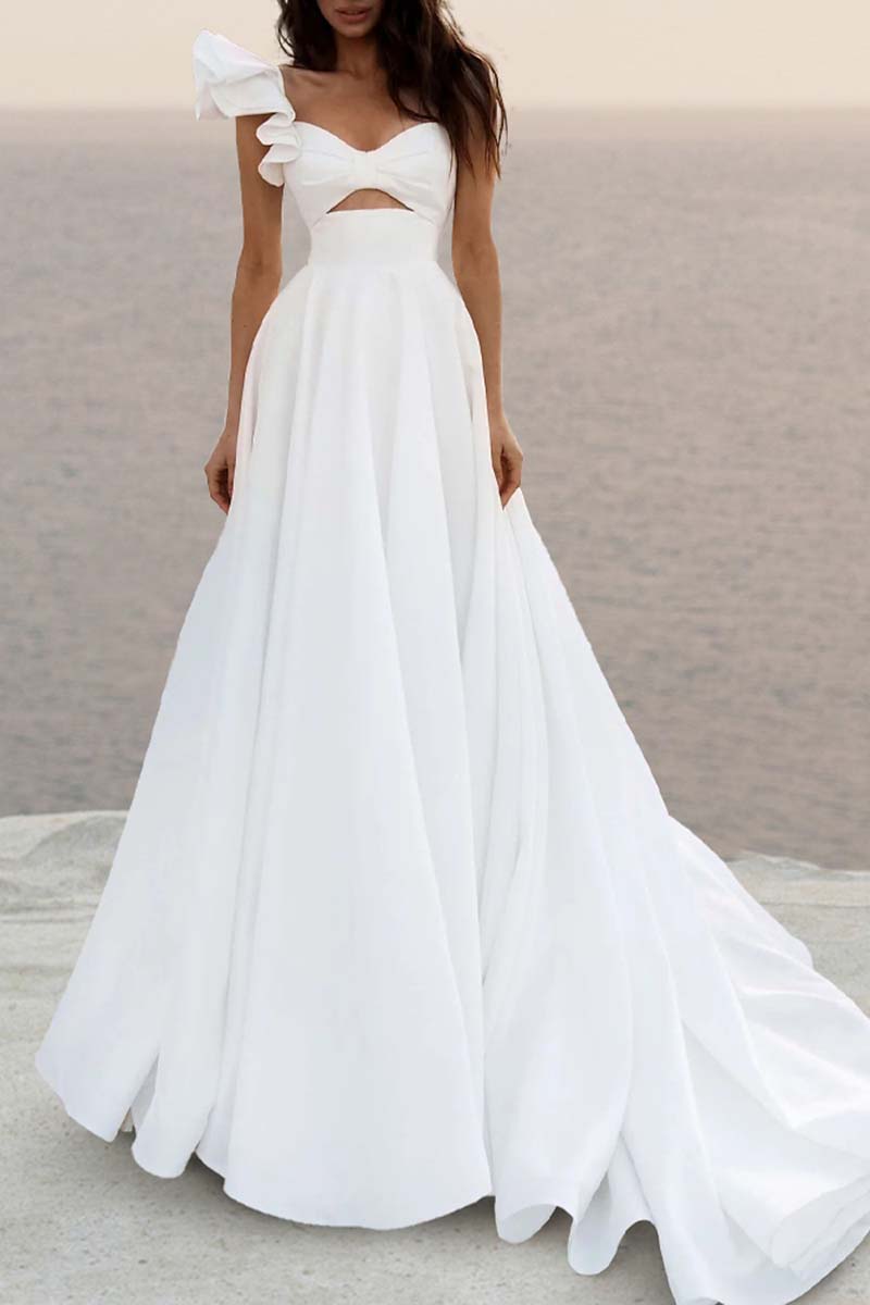 K1336 - V-Neck Ruffles Cut Outs Ruched Satin A-Line Long Wedding Dress