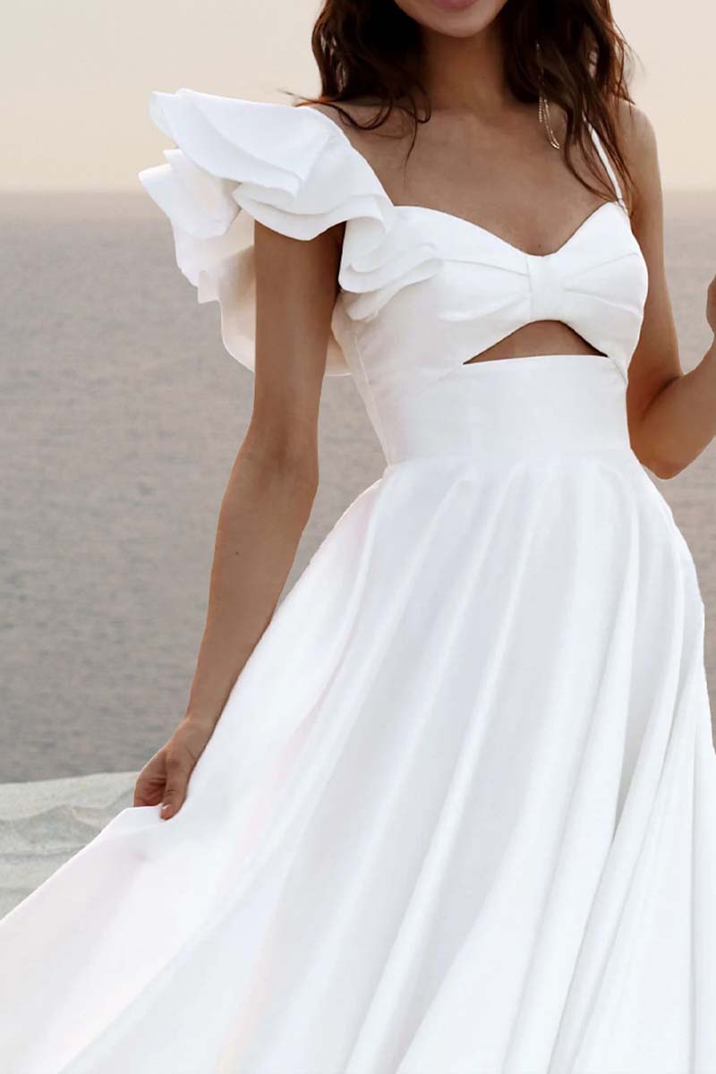 K1336 - V-Neck Ruffles Cut Outs Ruched Satin A-Line Long Wedding Dress