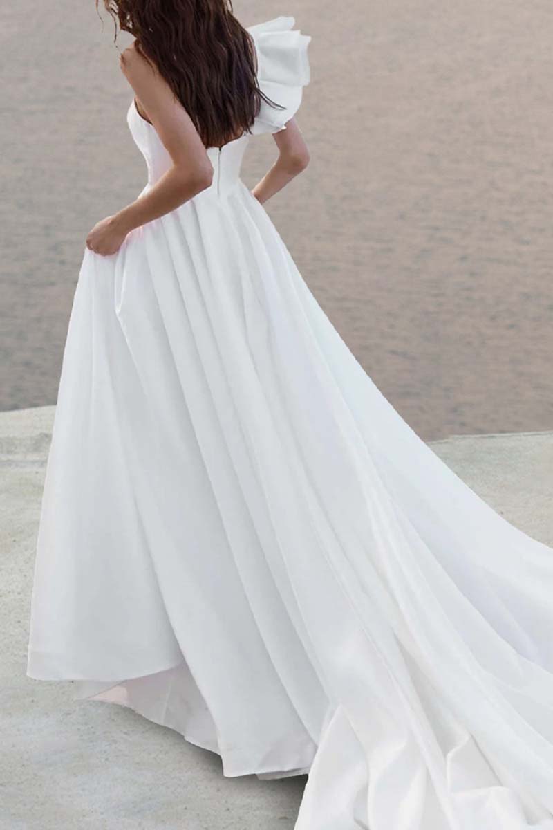 K1336 - V-Neck Ruffles Cut Outs Ruched Satin A-Line Long Wedding Dress