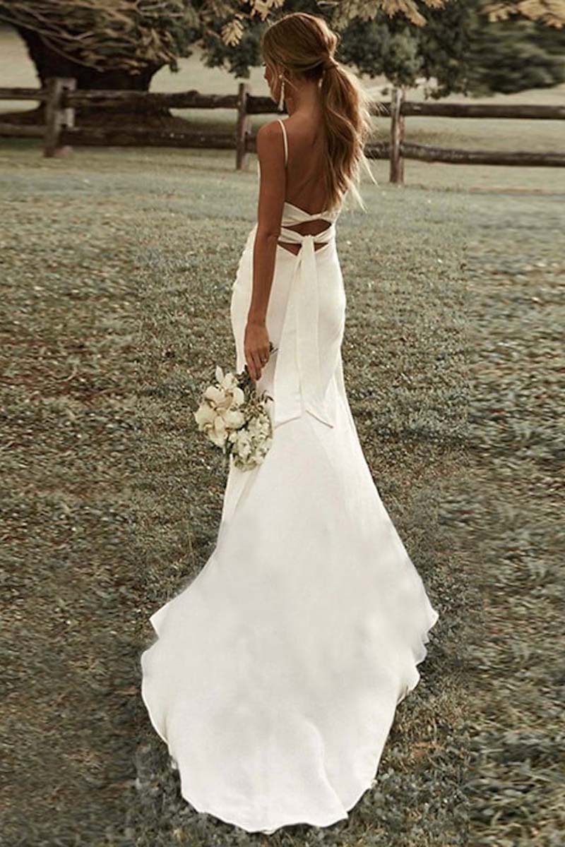 K1337 - Scoop Spaghetti Straps Ruched Satin Sheath Long Wedding Dress