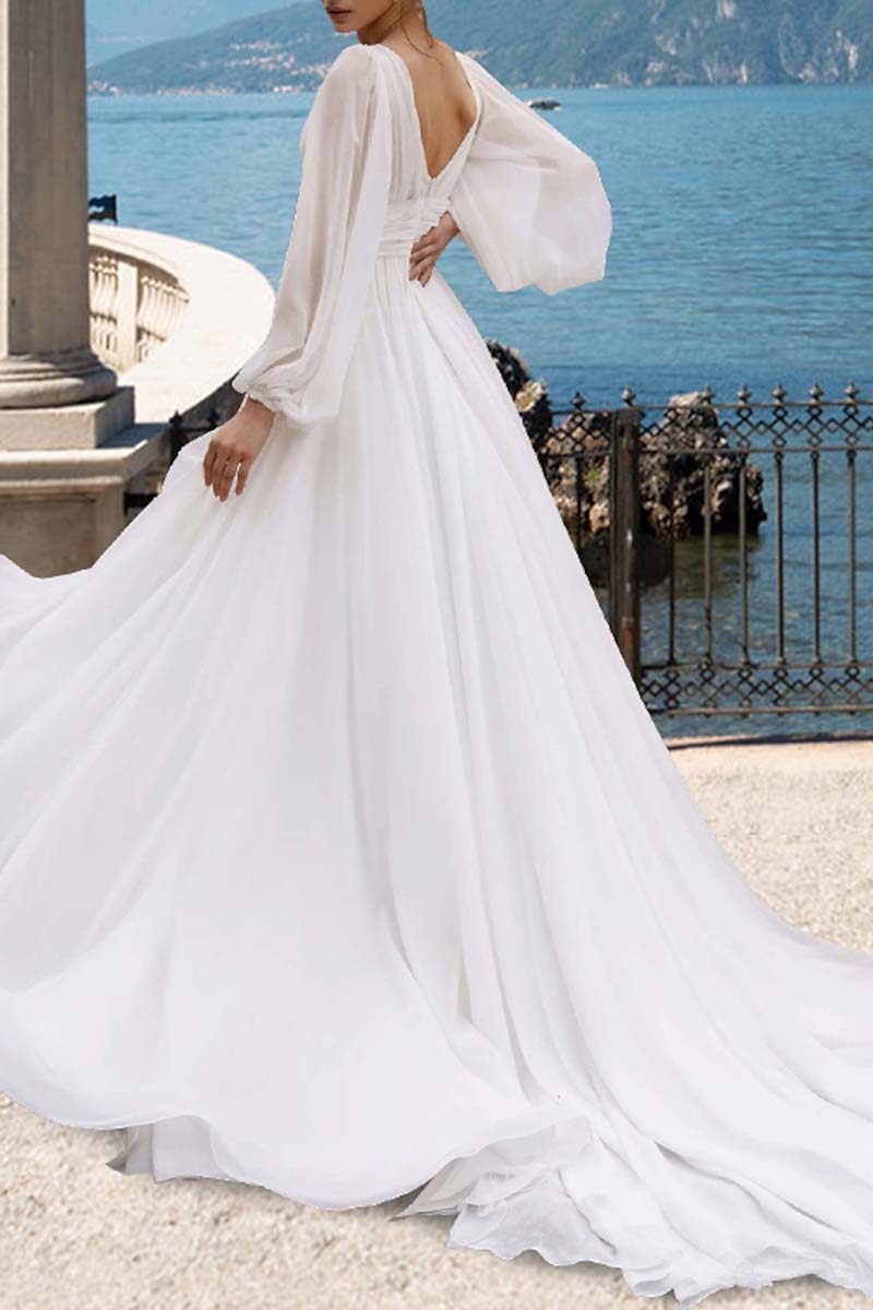 K1338 - V-Neck Long Sleeves Sheer Ruched Tulle A-Line Long Wedding Dress