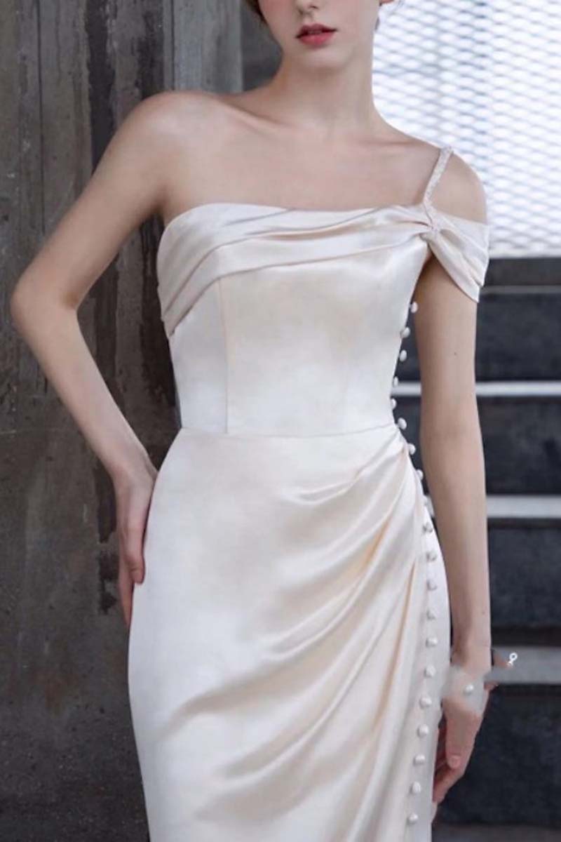 K1339 - One Shoulder Sleeveless Ruched Satin Sheath Long Wedding Dress