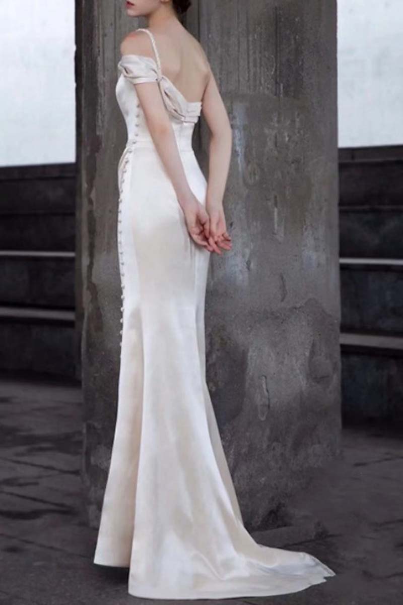 K1339 - One Shoulder Sleeveless Ruched Satin Sheath Long Wedding Dress