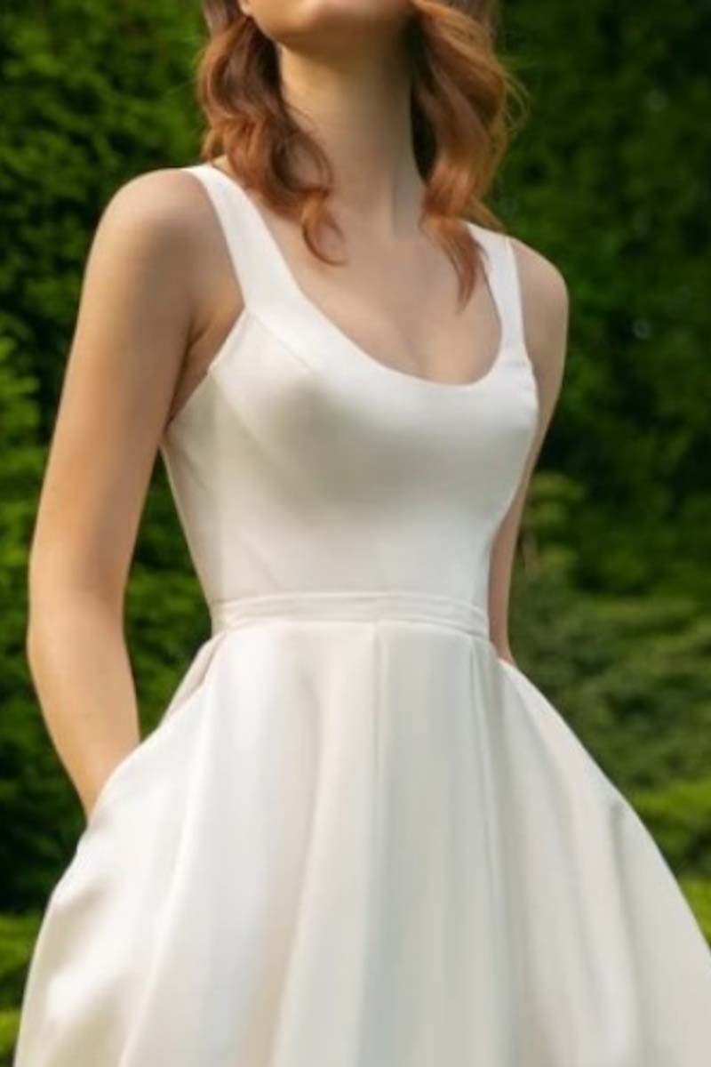 K1340 - Simple Summer Scoop Sleeveless Ruched Satin A-Line Midi Wedding Dress