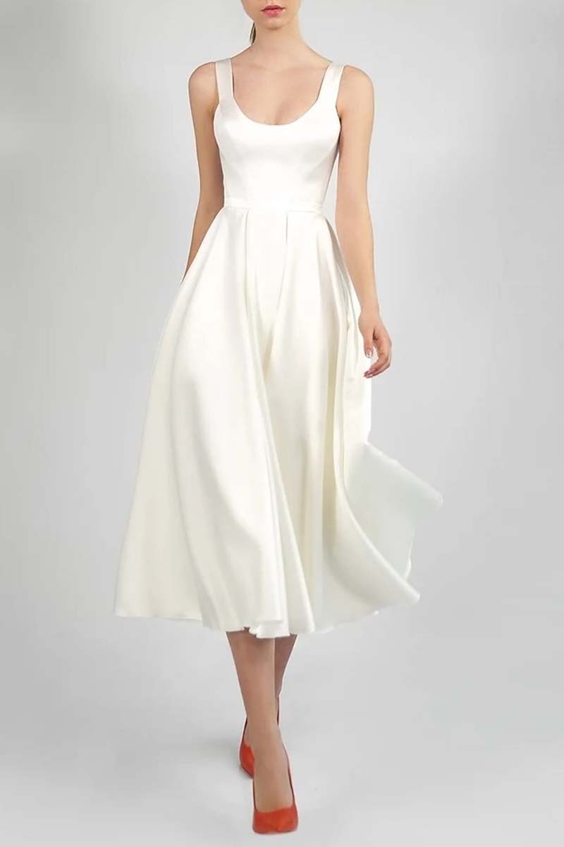 K1340 - Simple Summer Scoop Sleeveless Ruched Satin A-Line Midi Wedding Dress