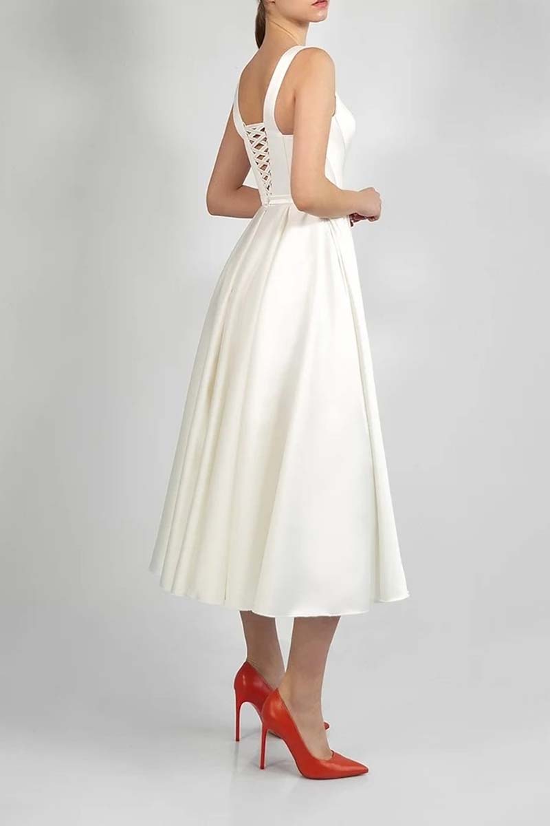 K1340 - Simple Summer Scoop Sleeveless Ruched Satin A-Line Midi Wedding Dress