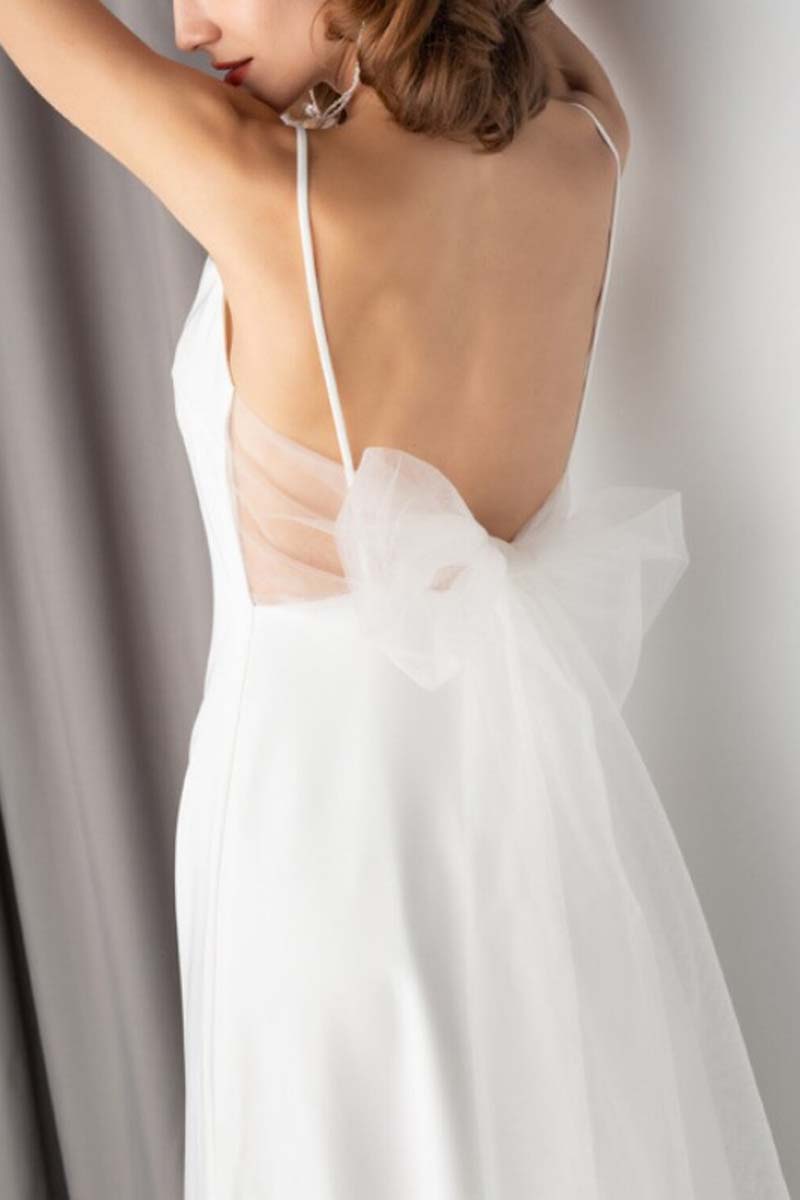 K1342 - Simple Square Neck Spaghetti Straps Satin Sheath Long Wedding Dress