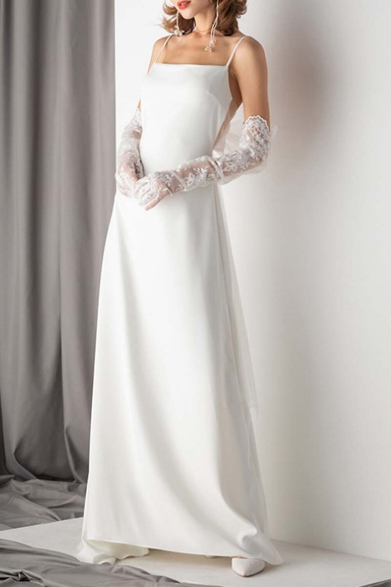 K1342 - Simple Square Neck Spaghetti Straps Satin Sheath Long Wedding Dress