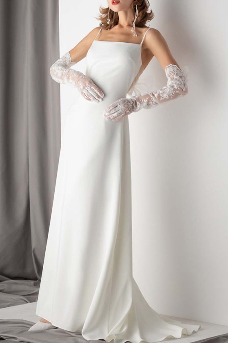 K1342 - Simple Square Neck Spaghetti Straps Satin Sheath Long Wedding Dress