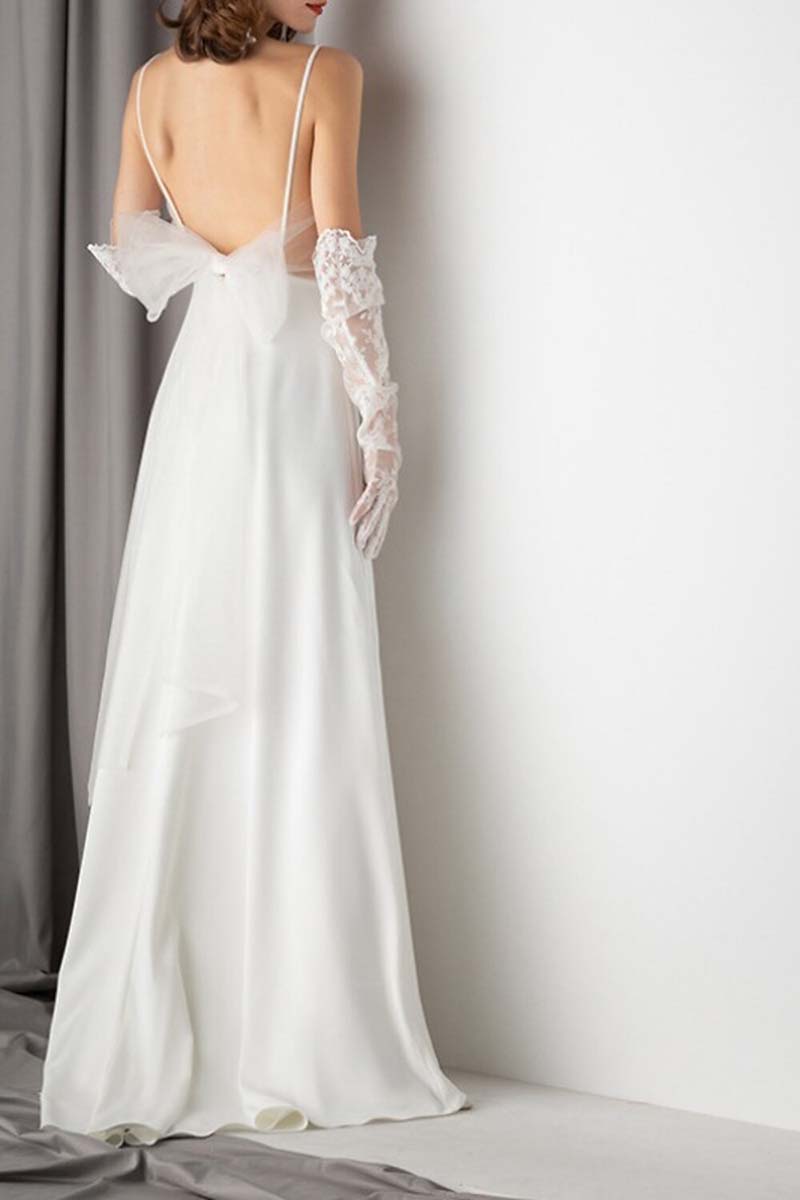 K1342 - Simple Square Neck Spaghetti Straps Satin Sheath Long Wedding Dress