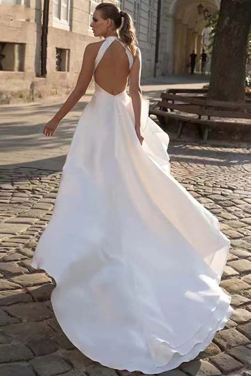 K1344 - Halter High Neck Sleeveless Ruffles Satin A-Line Long Wedding Dress