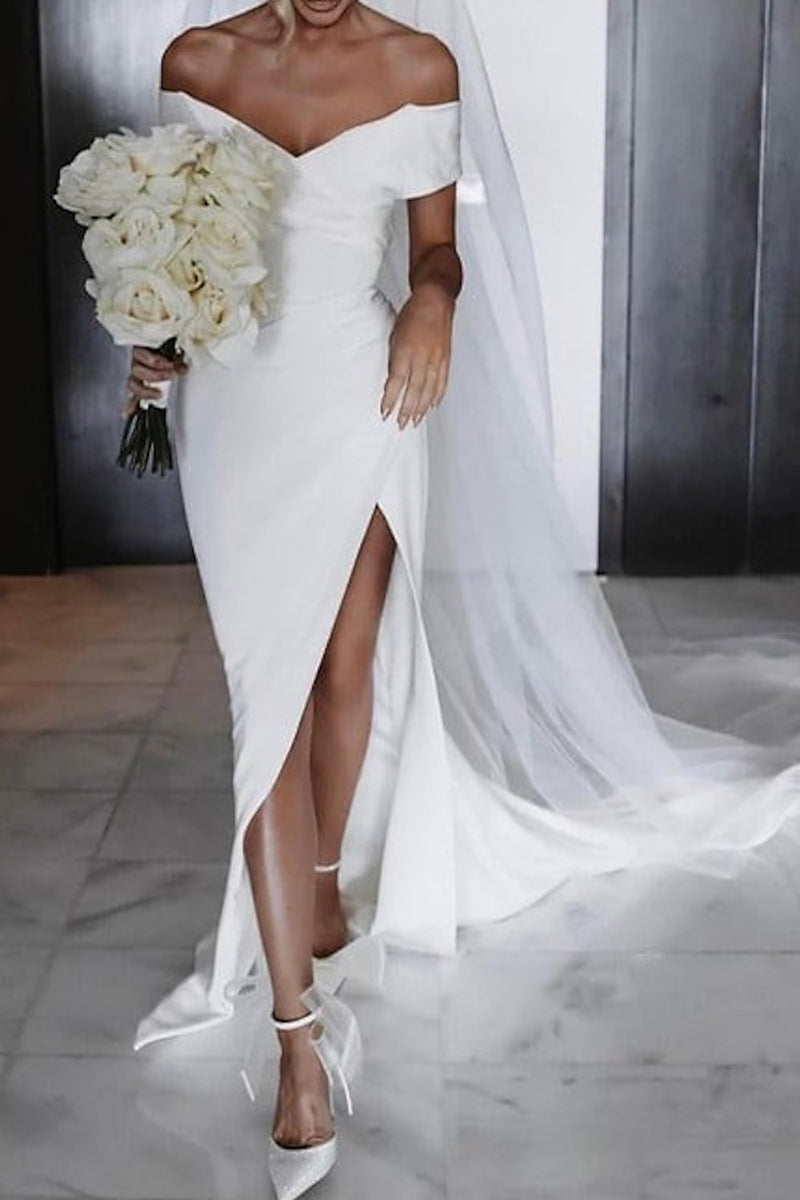 K1347 - Simple Off-Shoulder Ruched Satin Sheath Long Wedding Dress With Slit