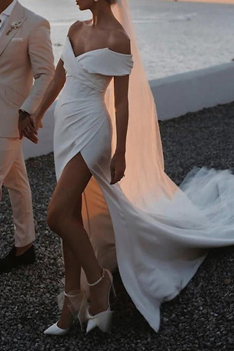 K1347 - Simple Off-Shoulder Ruched Satin Sheath Long Wedding Dress With Slit