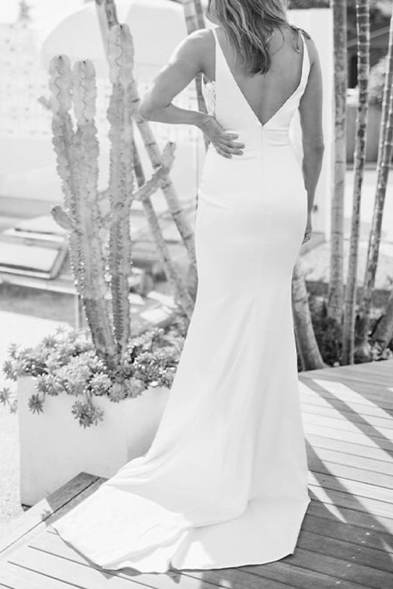 K1348 - V-Neck Spaghetti Straps Lace Satin Mermaid Long Wedding Dress