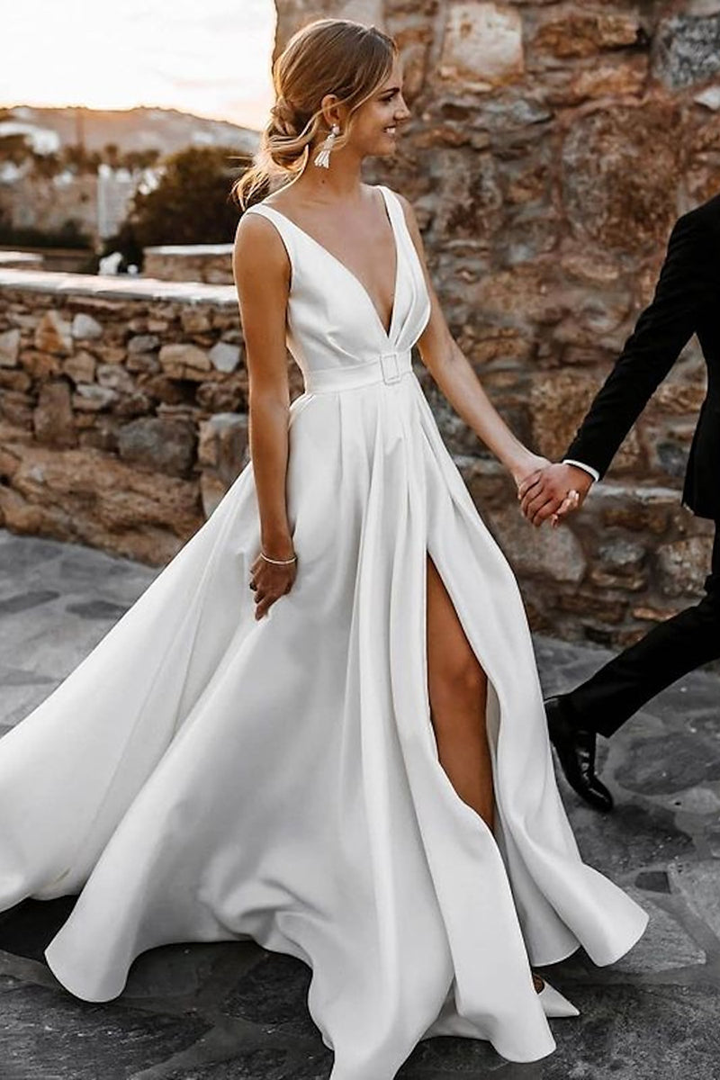 K1349 - Simple Low V-Neck Ruched Satin A-Line Long Wedding Dress