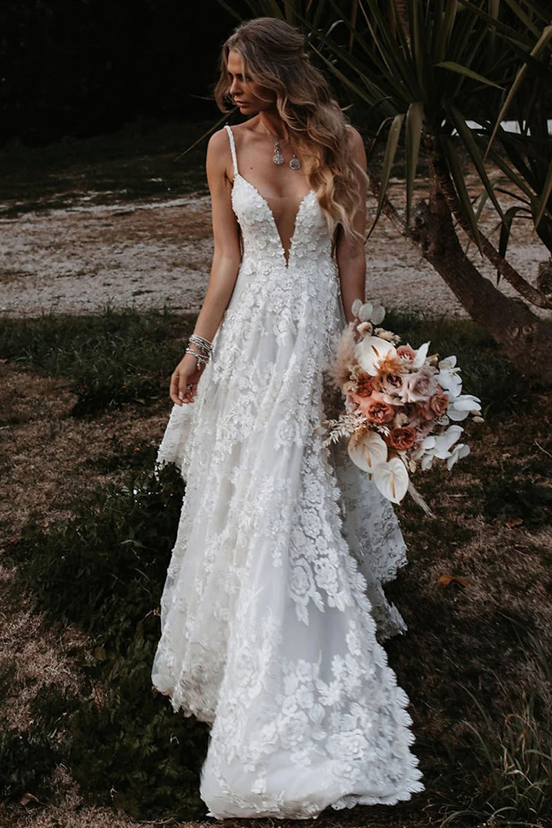 K1353 - Low V-Neck Spaghetti Straps Appliqued Tulle A-Line Long Wedding Dress