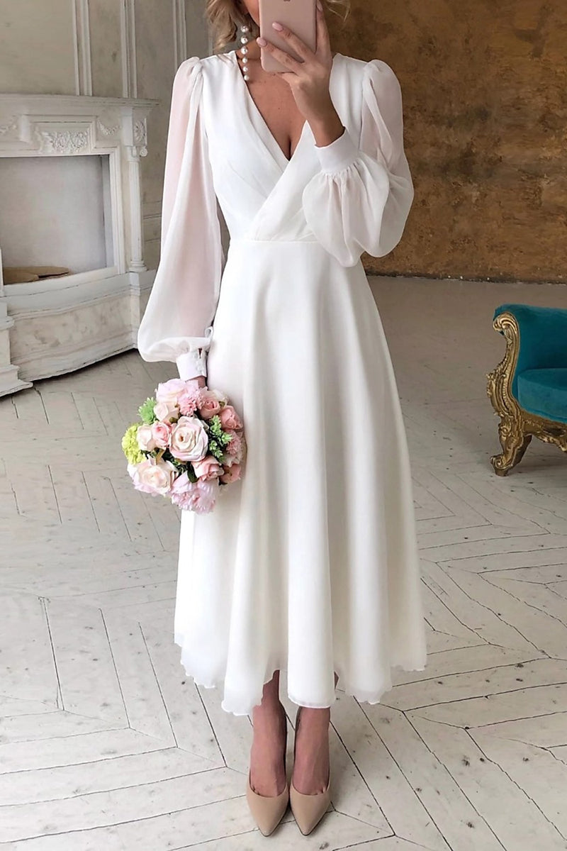 K1354 - Simple V-Neck Long Sleeves Chiffon A-Line Midi Wedding Dress