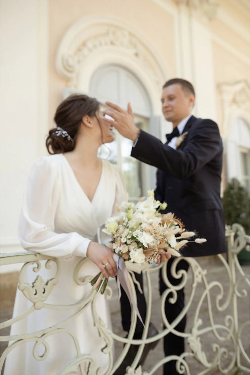 K1354 - Simple V-Neck Long Sleeves Chiffon A-Line Midi Wedding Dress