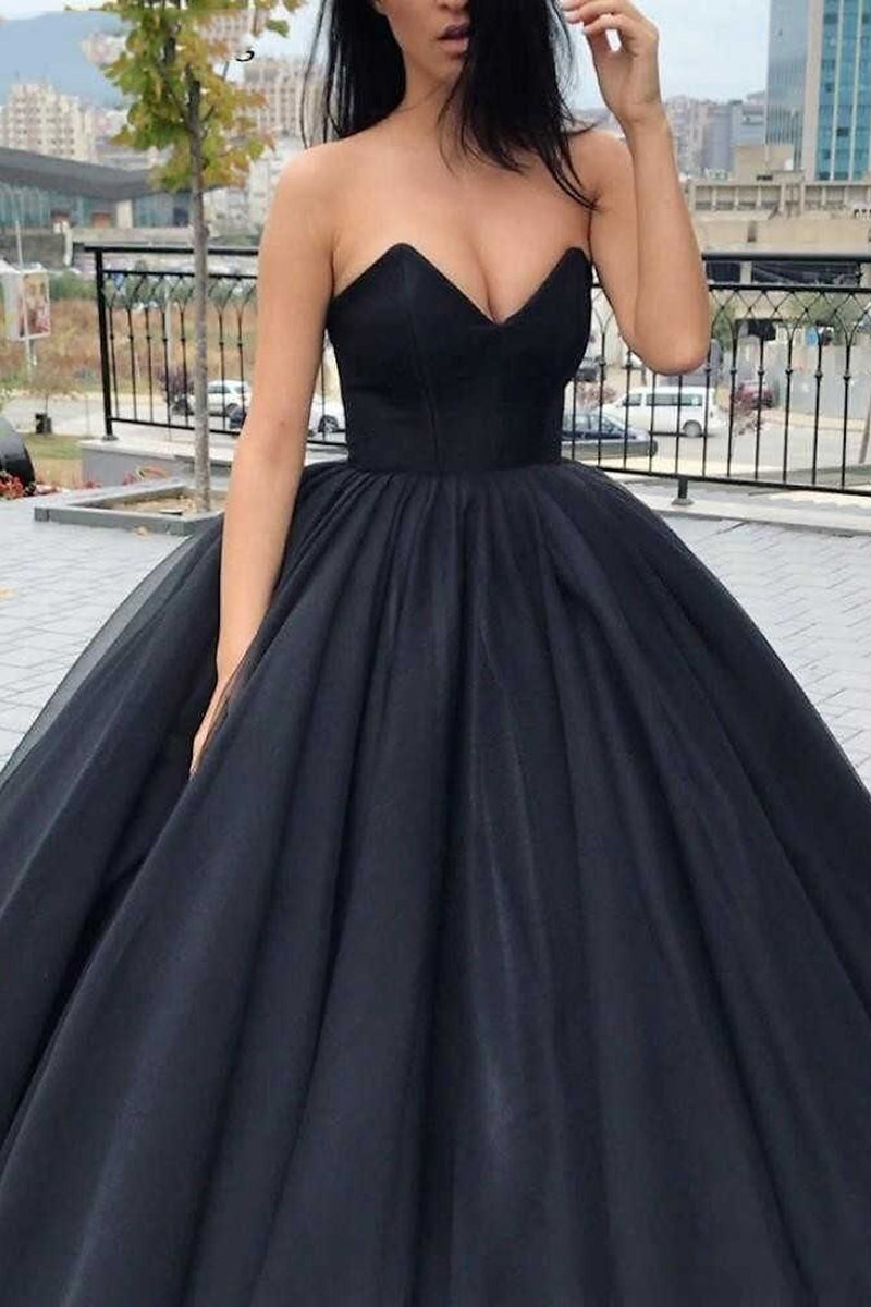 K1355 - Simple Black V-Neck Strapless Ruched Satin Long Ball Wedding Gown