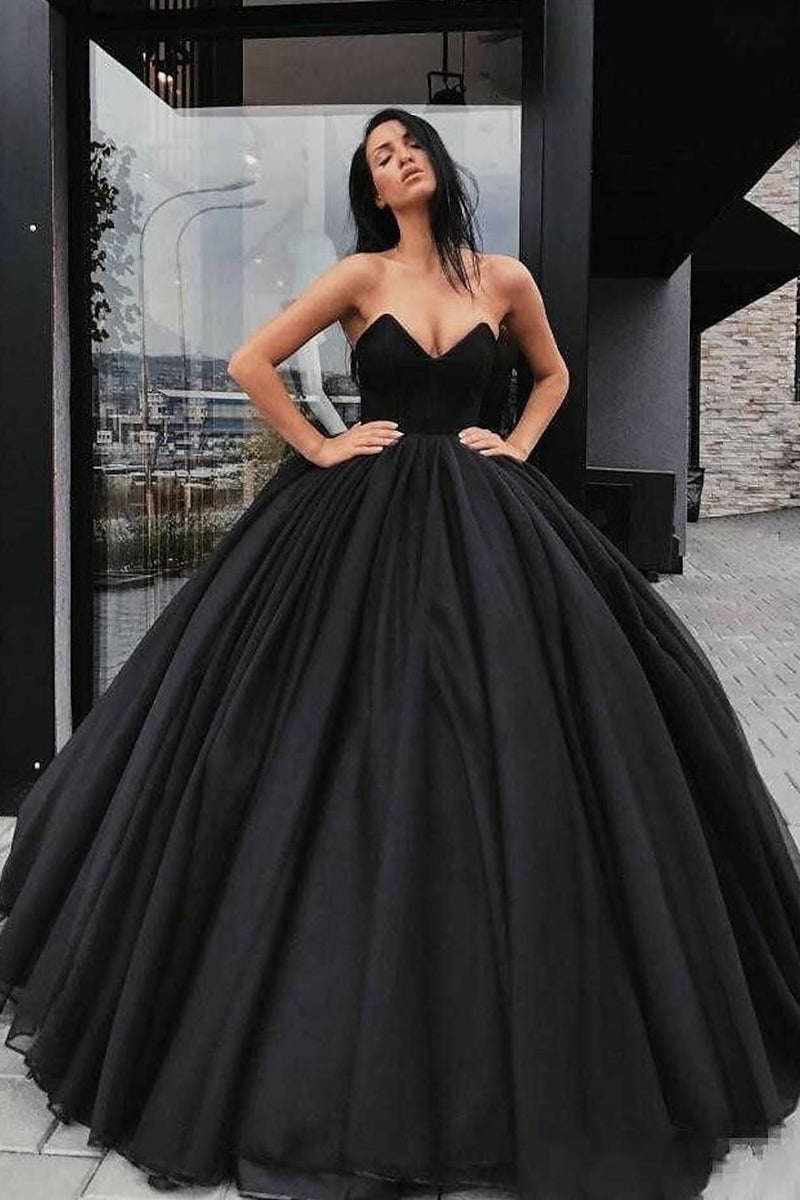 K1355 - Simple Black V-Neck Strapless Ruched Satin Long Ball Wedding Gown