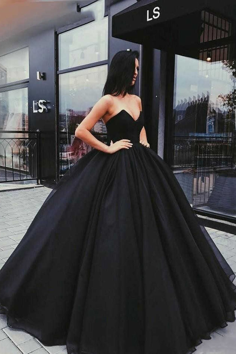 K1355 - Simple Black V-Neck Strapless Ruched Satin Long Ball Wedding Gown